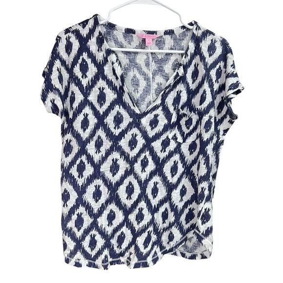 Lilly Pulitzer Duval Linen Short Sleeve Shirt Little Fish Ikat Navy White Small - Picture 1 of 11